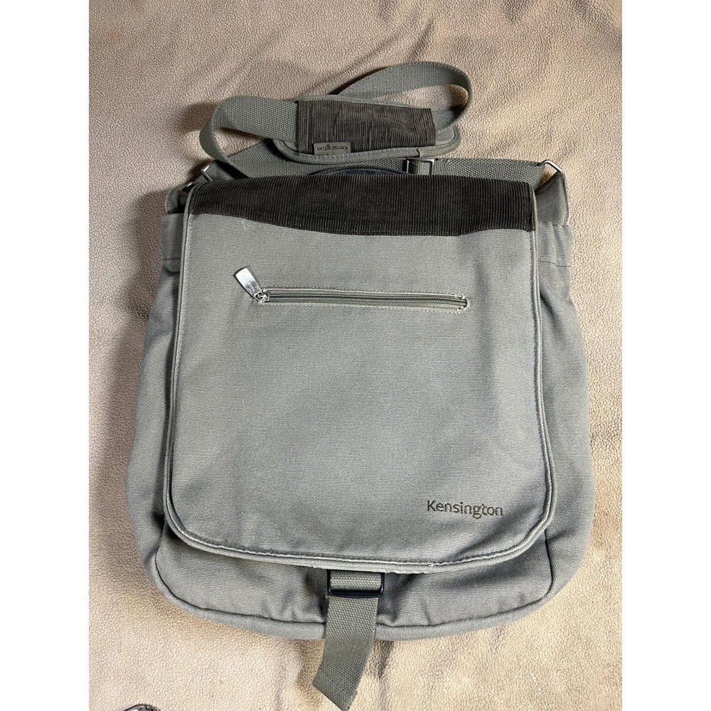 Kensington Gray Canvas Messenger Bag Corduroy Trim Laptop Satchel
